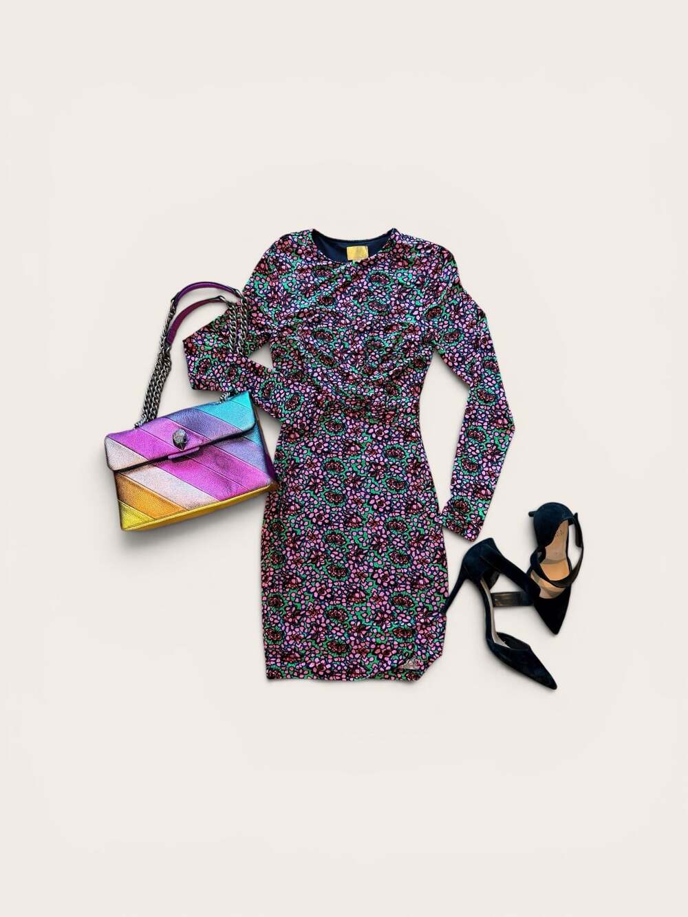 H&M Floral Ruched Bodycon Mini Dress Long Sleeve Y2K Party Size 2 - Picture 7 of 8